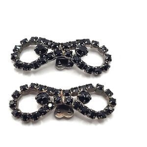 Vintage Jet Black Rhinestone Shoe Clips 2in long .8 in tall bow